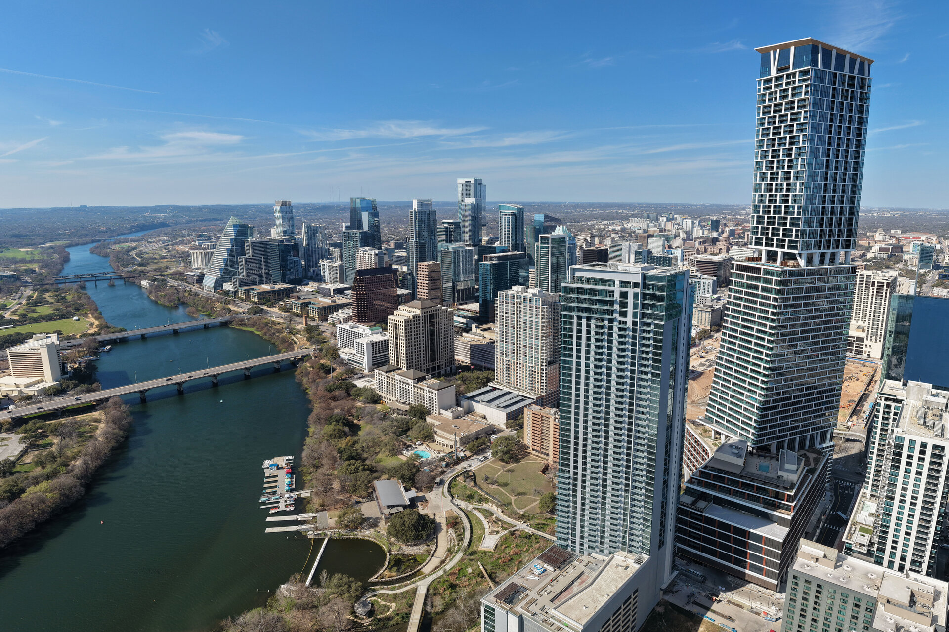 Aerial view of the Austin, Texas skyline along Lady Bird Lake, March 2026